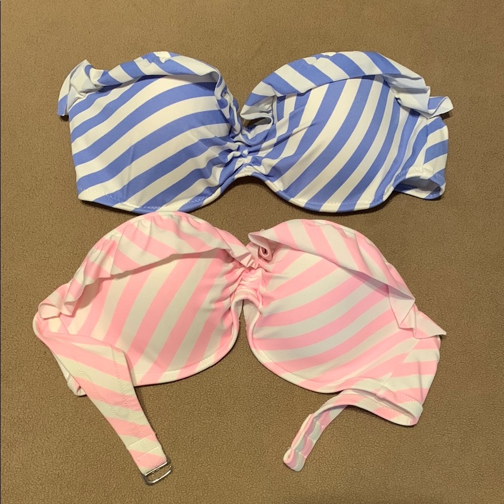 Striped Blue and Pink Bandeau Bikini Tops